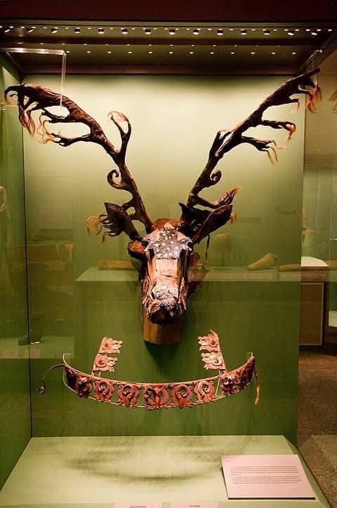 A 2,300-year-old ceremonial horse headdress found on the skeleton of a horse in the frozen tombs of Pazyryk in Siberia