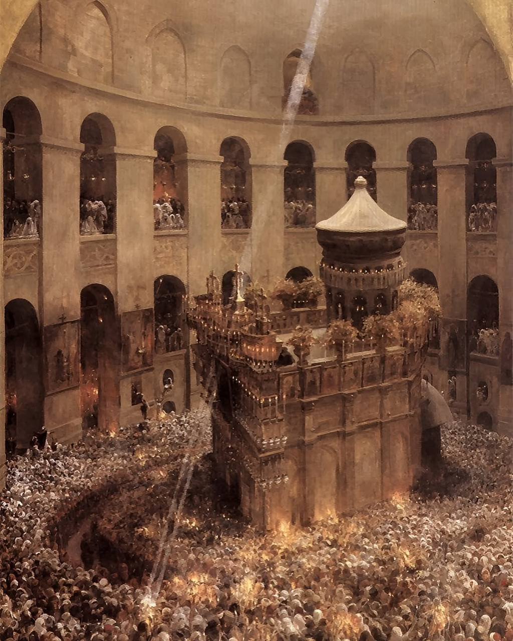 The Church of the Holy Sepulchre in a nineteenth-century painting and in a twenty-first-century photograph