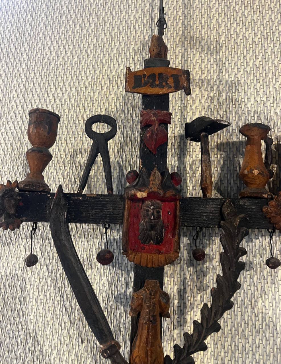 Mid-19th-century French wooden cross with the instruments of the Passion and their meanings