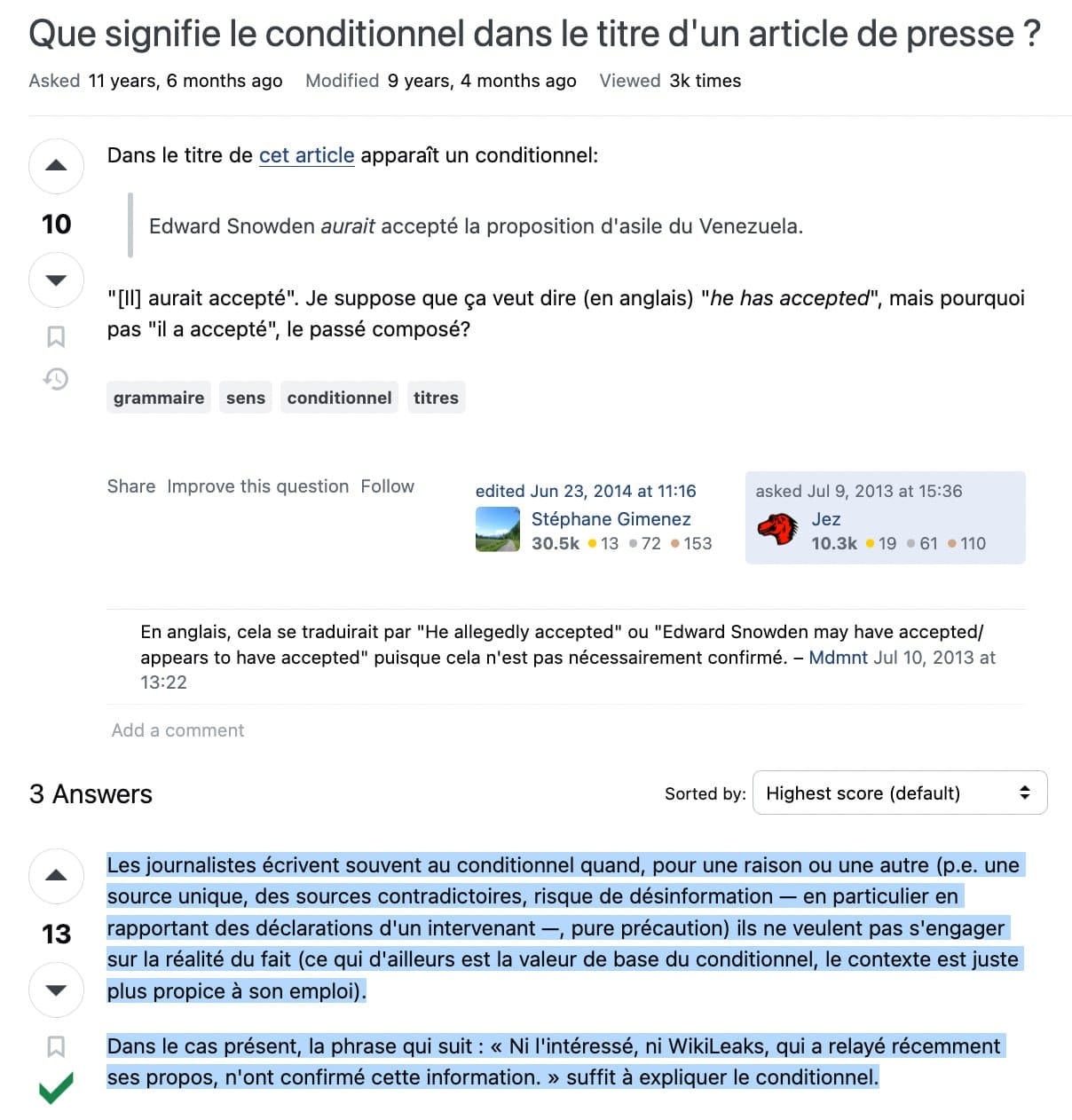 Forme verbale française pour les faits non confirmés, d'après l'exemple de Snowden