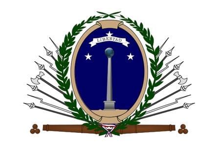 The first historical coat of arms of Chile, adopted in 1812, featured a column with a globe and three stars around it; in 1819 the round medallion was supplemented with laurel branches and spears