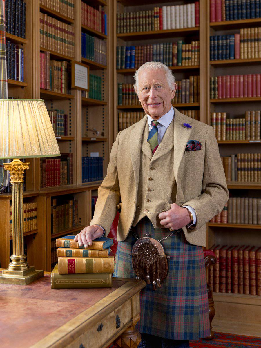 King Charles III in the Library of Balmoral Castle