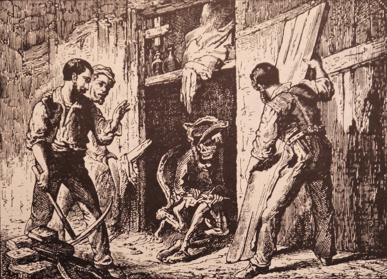 Illustration d'un article de journal racontant comment, rue de Charme à Paris, lors de la démolition d'une vieille maison, un squelette en élégante tenue et en tricorne d'époque révolutionnaire fut découvert dans l'embrasure d'un mur