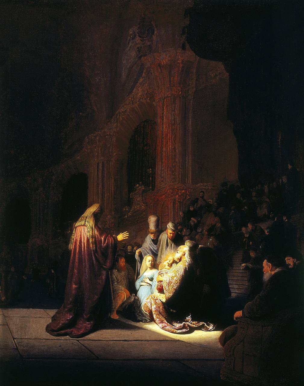 In a dark temple interior a beam of light falls on an old man holding an infant and a woman in blue, with a crowd around and a figure in crimson robes at left.