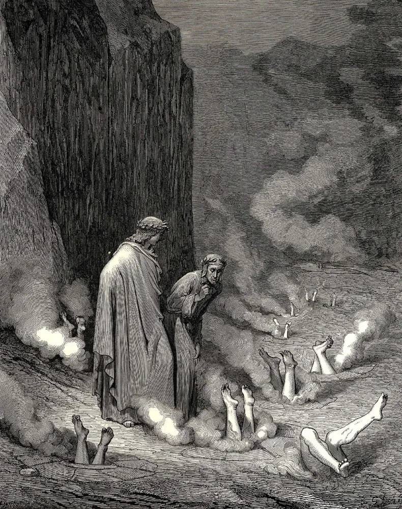 Engraving of two cloaked figures beside a rock wall; around them human legs protrude from the ground amid smoke and small flames.