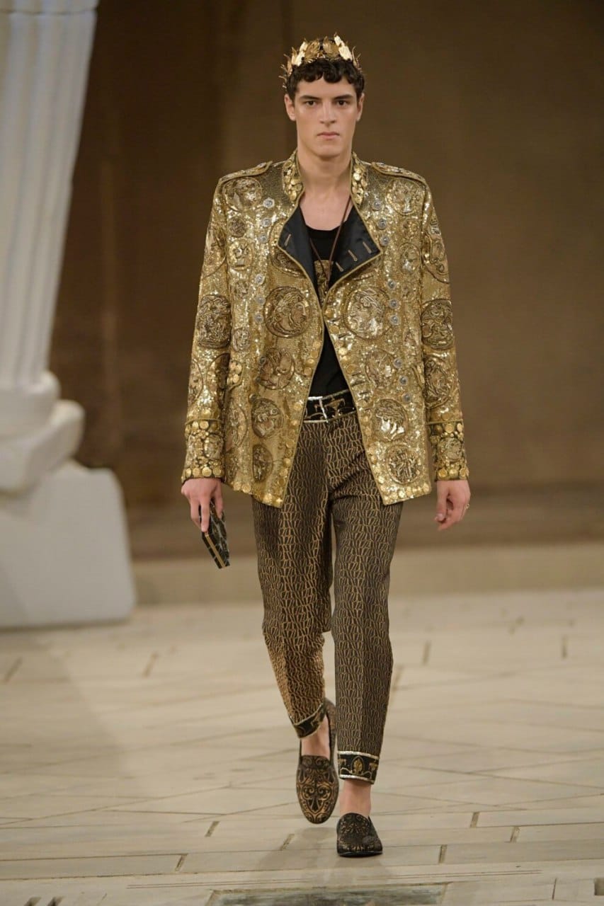 Dolce & Gabbana Alta Moda menswear show and trousers as a sign of Rome's fall