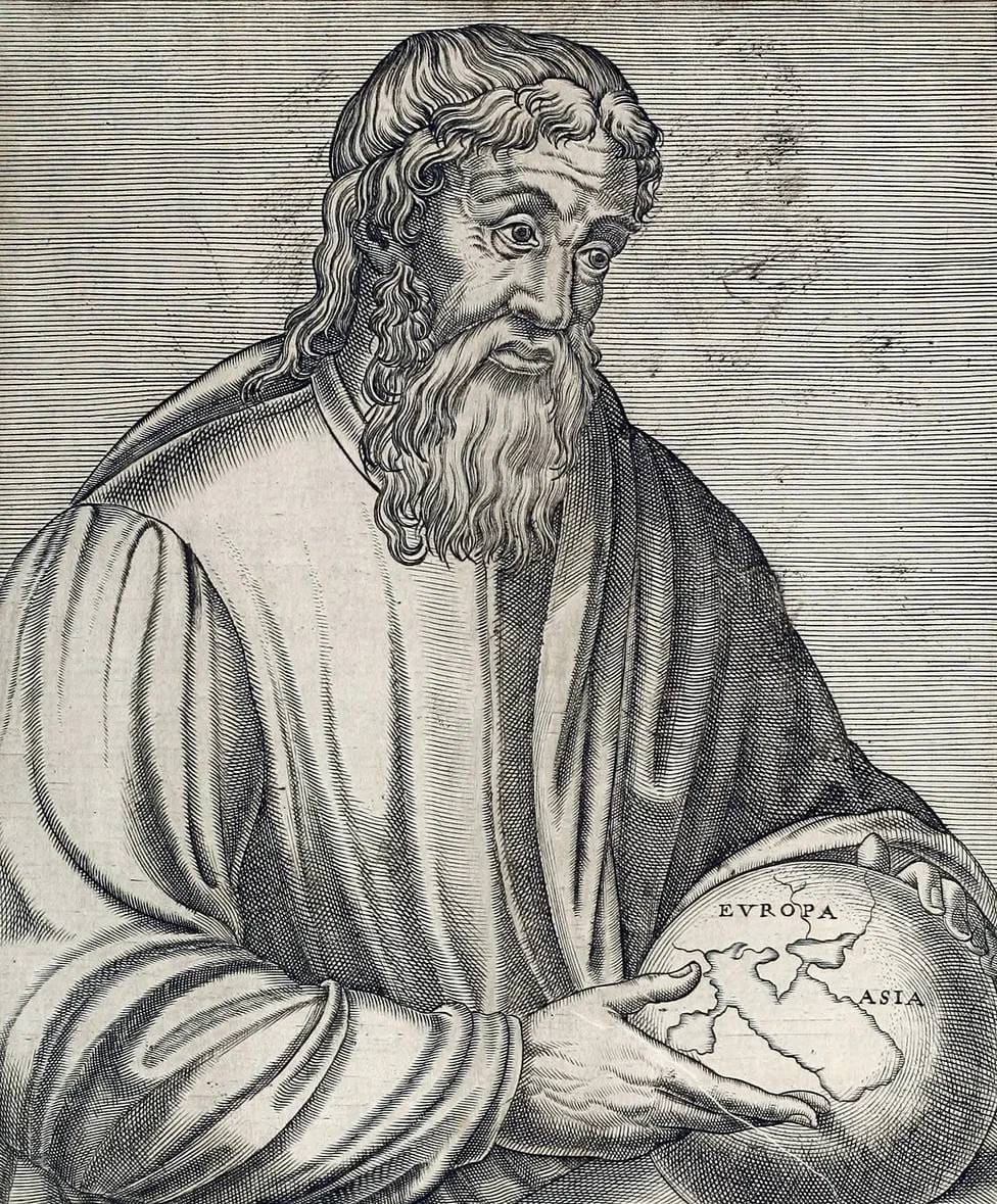 Engraving of a bearded man in a long robe resting his hand on a globe inscribed EVROPA and ASIA.