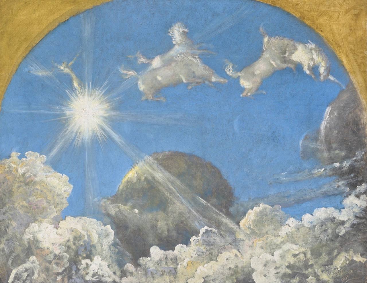 Painting in a golden arched frame: a radiant sun in a blue sky, two white horses in the air and billowing clouds.