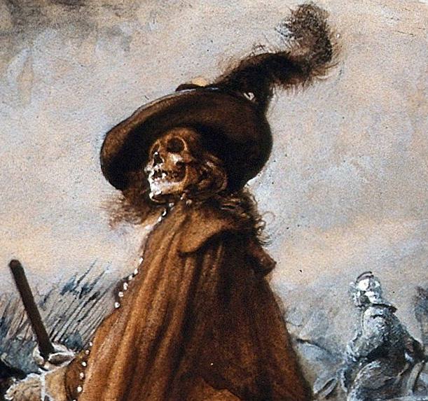 Detail of a painting: a skeleton in a brown cloak and wide-brimmed hat with a large plume. Behind it are pikes and an armored rider.