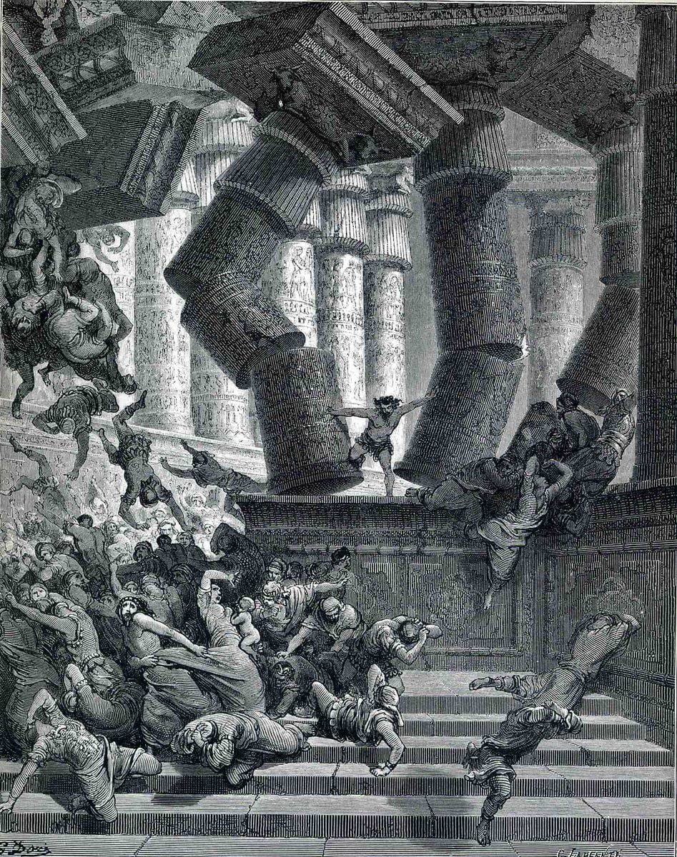 Black-and-white engraving of Samson standing among the collapsing temple columns while a crowd falls and flees down the steps.