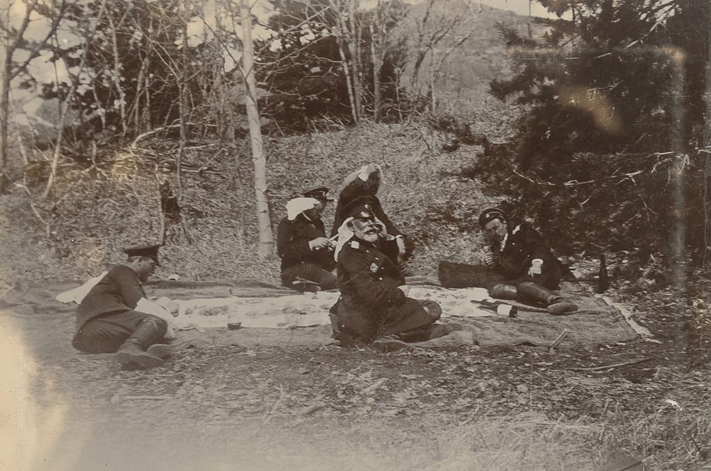 Tsarevich George Alexandrovich, third son of Emperor Alexander III, resting and dozing at a picnic in the spring of 1894
