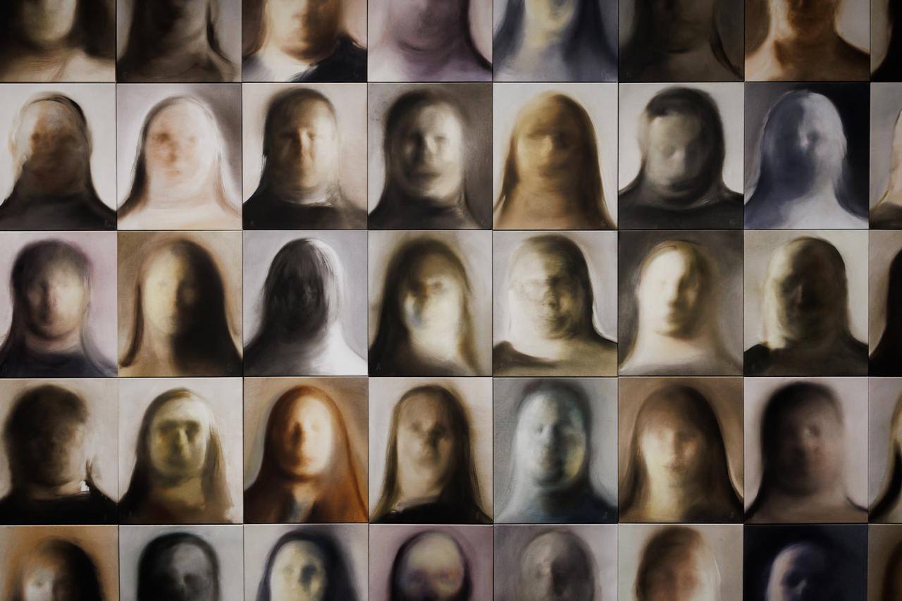 Rows of square painted portraits with blurred, smeared faces and long hair against light and dark backgrounds, in muted warm and cool tones.