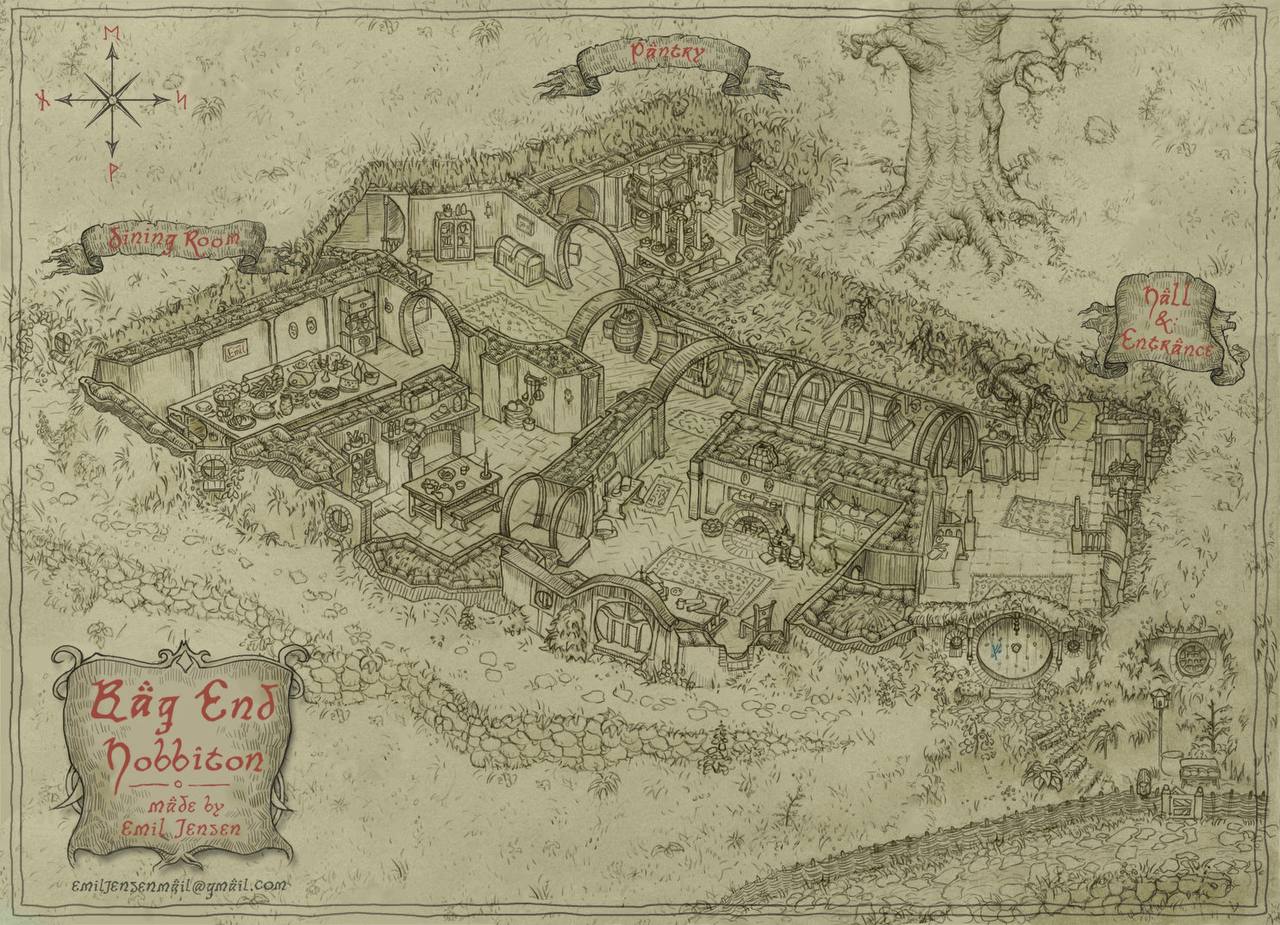 A cutaway drawn plan of the underground home Bag End in Hobbiton, showing the pantry, dining room and hall, signed by Emil Jensen.