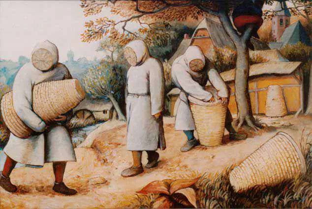 Three figures in pale robes and face-covering hoods carry and tend straw beehives; behind them are a tree, farmhouses and a church tower.