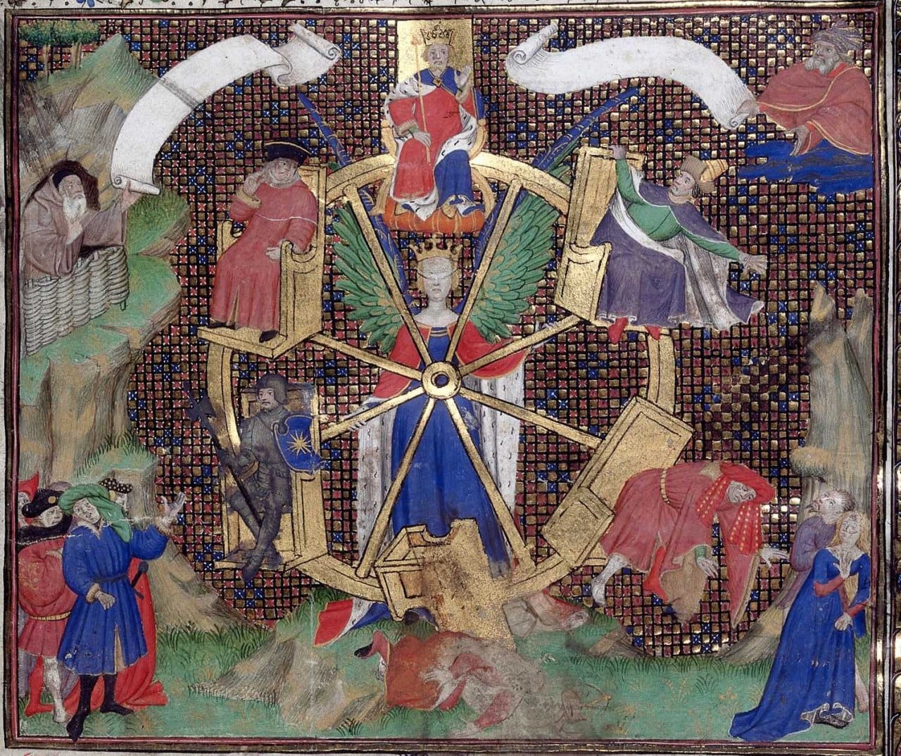 Medieval miniature: a crowned, winged Fortune turns a golden wheel with a king seated on top and courtiers falling from the sides.