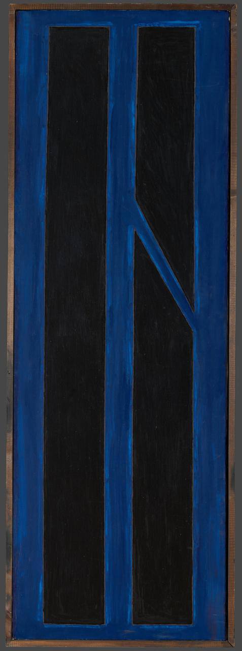 Tall vertical painting in a wooden frame: two long black bands on a blue ground, the right one bending diagonally at its middle.