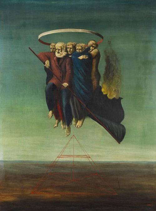 A group of barefoot men floats above a plain, holding a pole with a dark burning flag, with a pale ring above them and a red pyramid outline below.