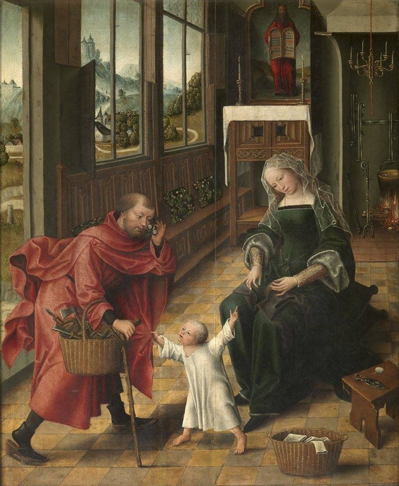 Joseph, en manteau rouge et portant un panier d'outils, entre dans une pièce, l'enfant Jésus se tend vers lui, et Marie en robe verte est assise à droite.