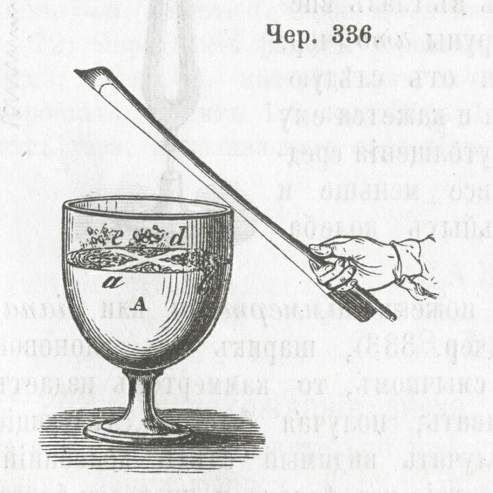 Melde's experiment with a violin bow and a vessel of water shows how waves propagate under the influence of sound vibration
