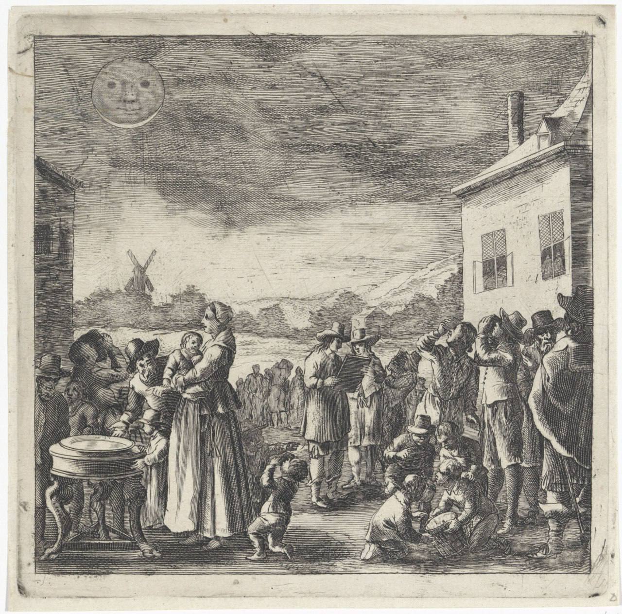 Engraving of townspeople looking at the sky with a moon-like disc, a vessel of water at left, children on the ground and a windmill behind.
