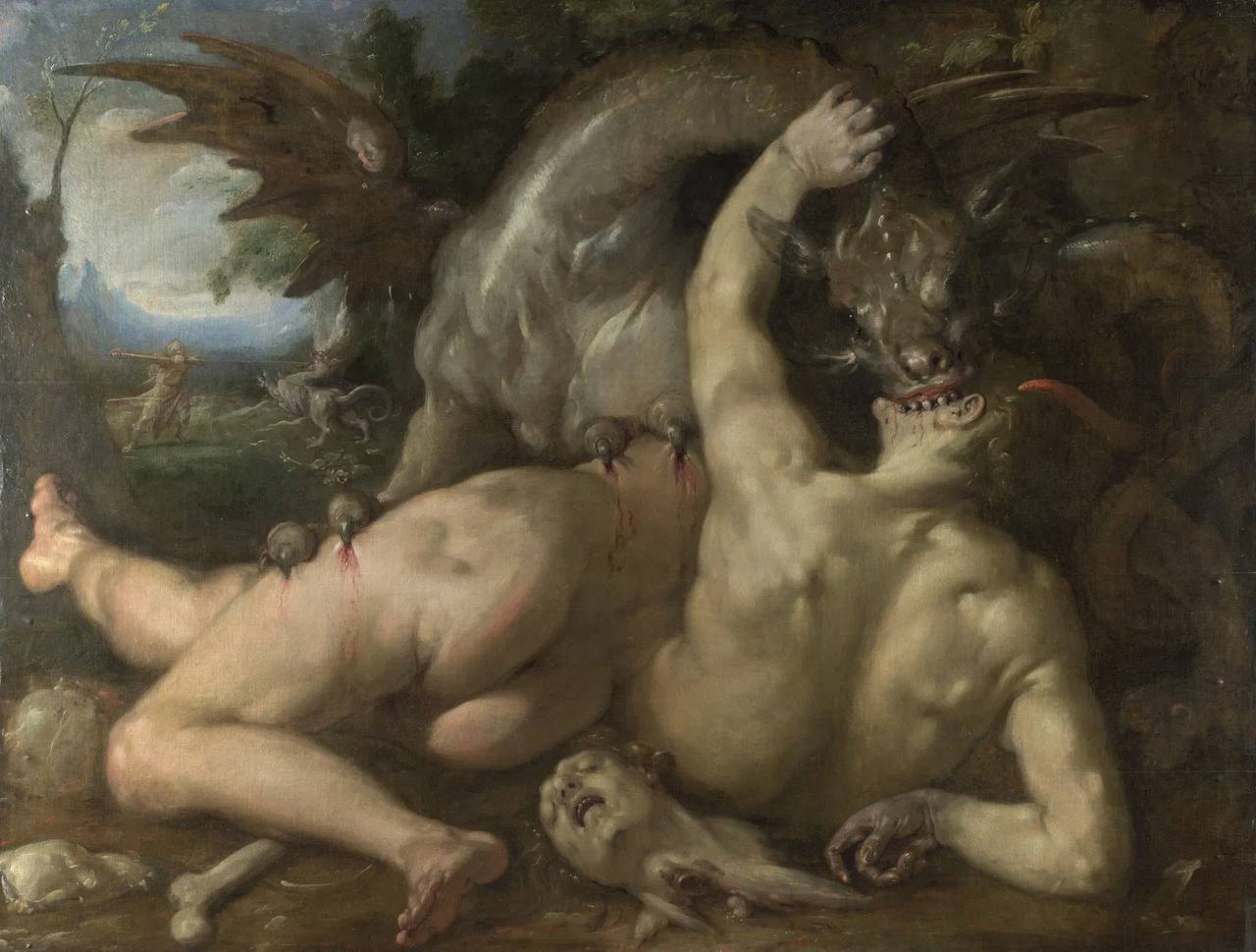 Van Haarlem combines two episodes of the myth of Cadmus and the dragon in one painting