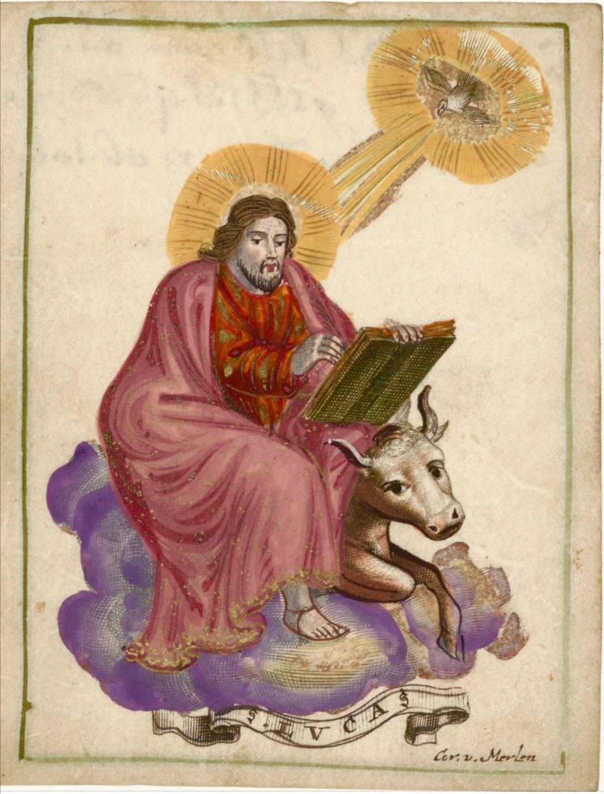 Le potelé évangéliste Luc sur une gravure coloriée sur parchemin de Cornelis van Merlen, patron des peintres, des médecins et, selon toute apparence, de ceux qui se sont trop pris de goût pour les déjeuners entre deux manuscrits