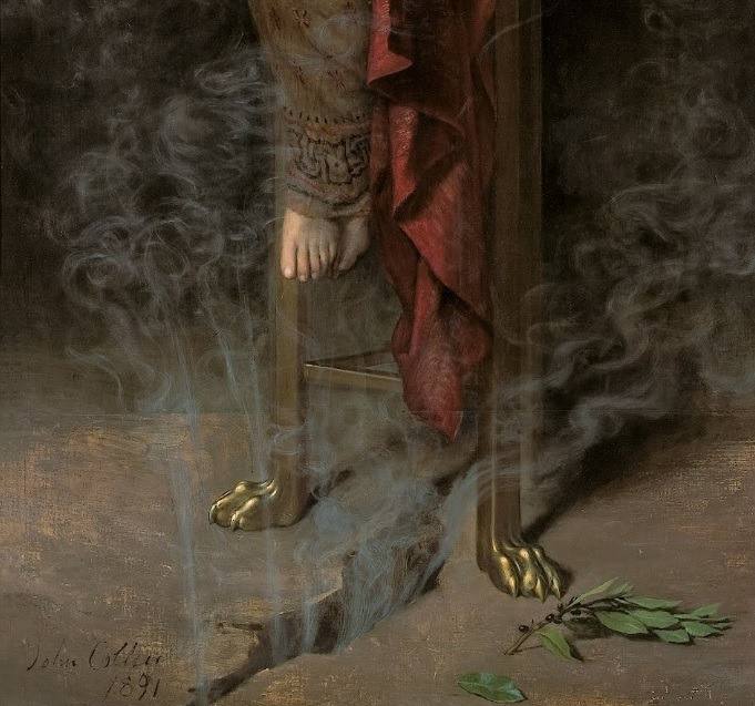 La Pythie, assise sur un trépied au-dessus d'une crevasse d'où montaient des vapeurs embaumées, les respirait, et son esprit s'enflammait alors d'une inspiration divine