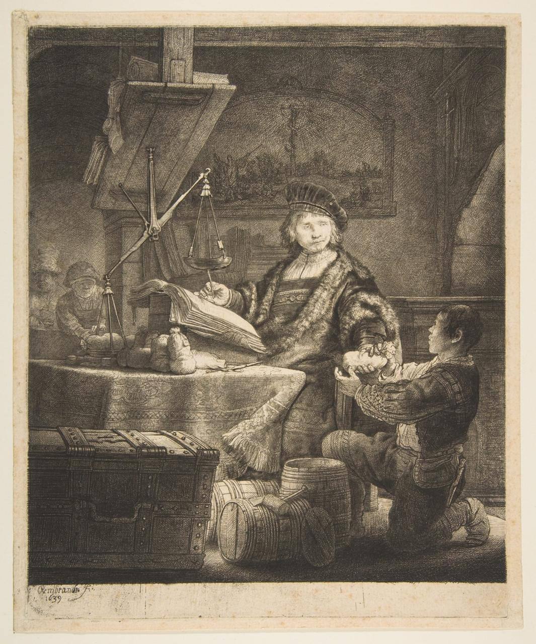 Black-and-white etching: a man in a cap and fur-trimmed coat holds a quill by a book and scales; a youth kneels before him. A chest and barrels in front; signed Rembrandt f. 1639.
