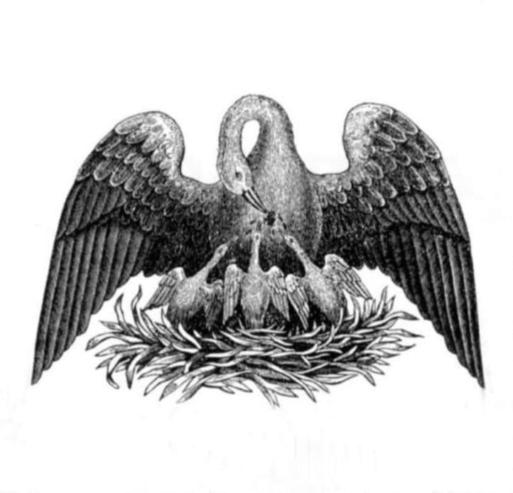 A pelican feeding its young with its own blood: the emblem of the Department of the Institutions of Empress Maria