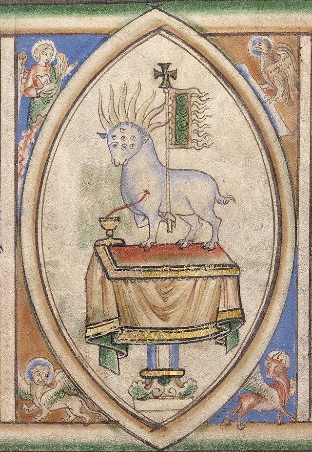 Et je vis, au milieu du trône et des quatre êtres vivants, et au milieu des vieillards, un Agneau qui était là comme immolé, ayant sept cornes et sept yeux, qui sont les sept esprits de Dieu envoyés par toute la terre