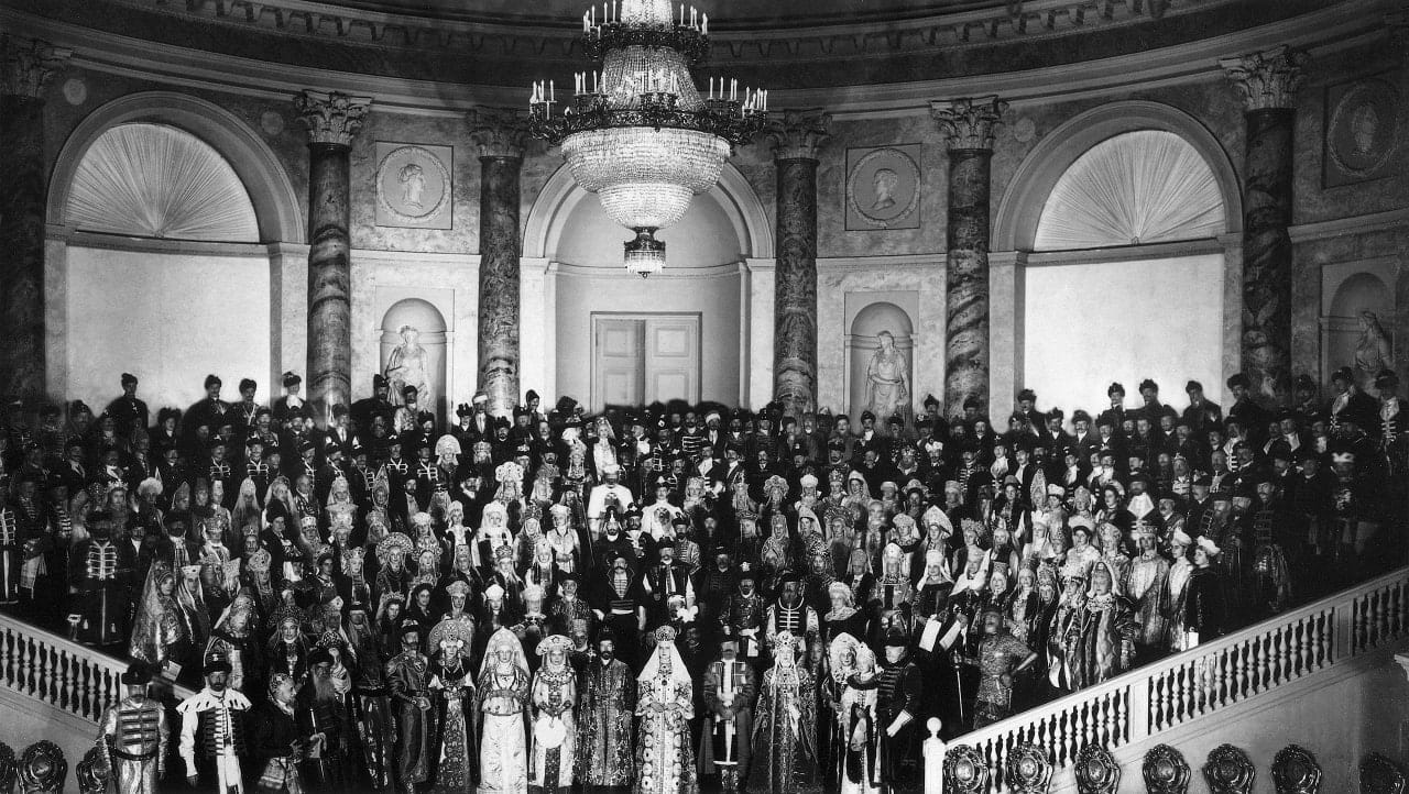 Group photograph of the guests at the court masked ball held in the Hermitage on 13 February 1903 to mark the 290th anniversary of the House of Romanov, at which the whole nobility of the Russian Empire appeared in costumes of the pre-Petrine era