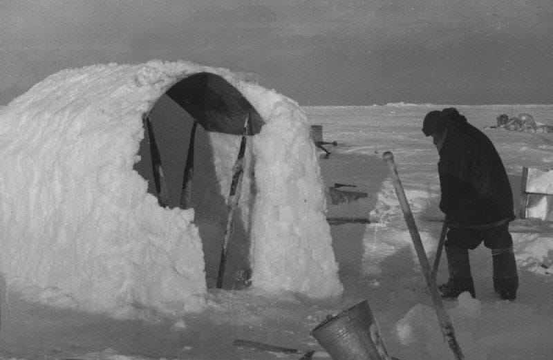 The Meteorologist-Geophysicist Yevgeny Fyodorov Builds a Snow Pavilion for Magnetic Measurements on a Drifting Ice Floe in the Arctic