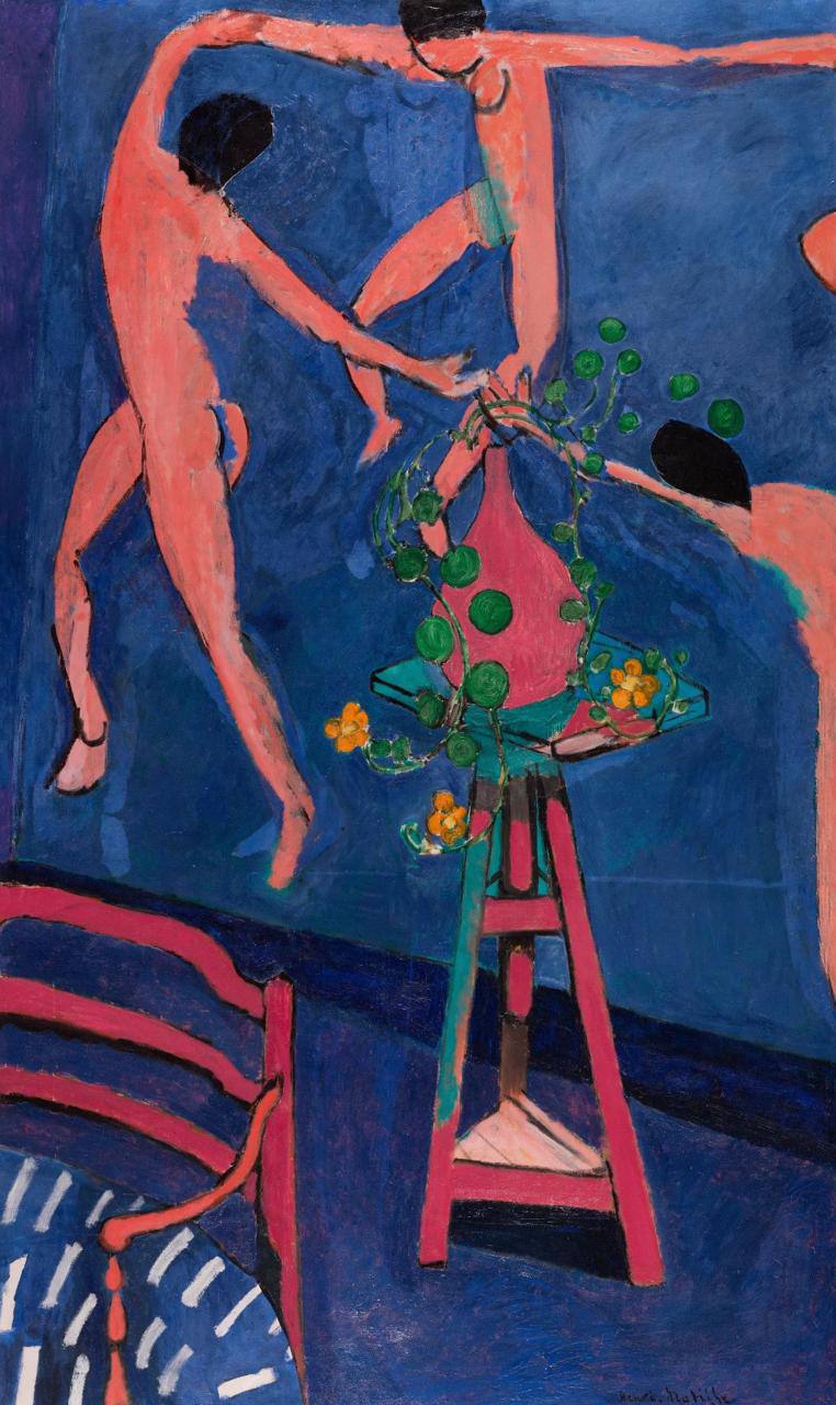 Painting in blue and pink: a pink vase with round green leaves and orange flowers on a stool, nude dancing figures behind it, a red chair at left.