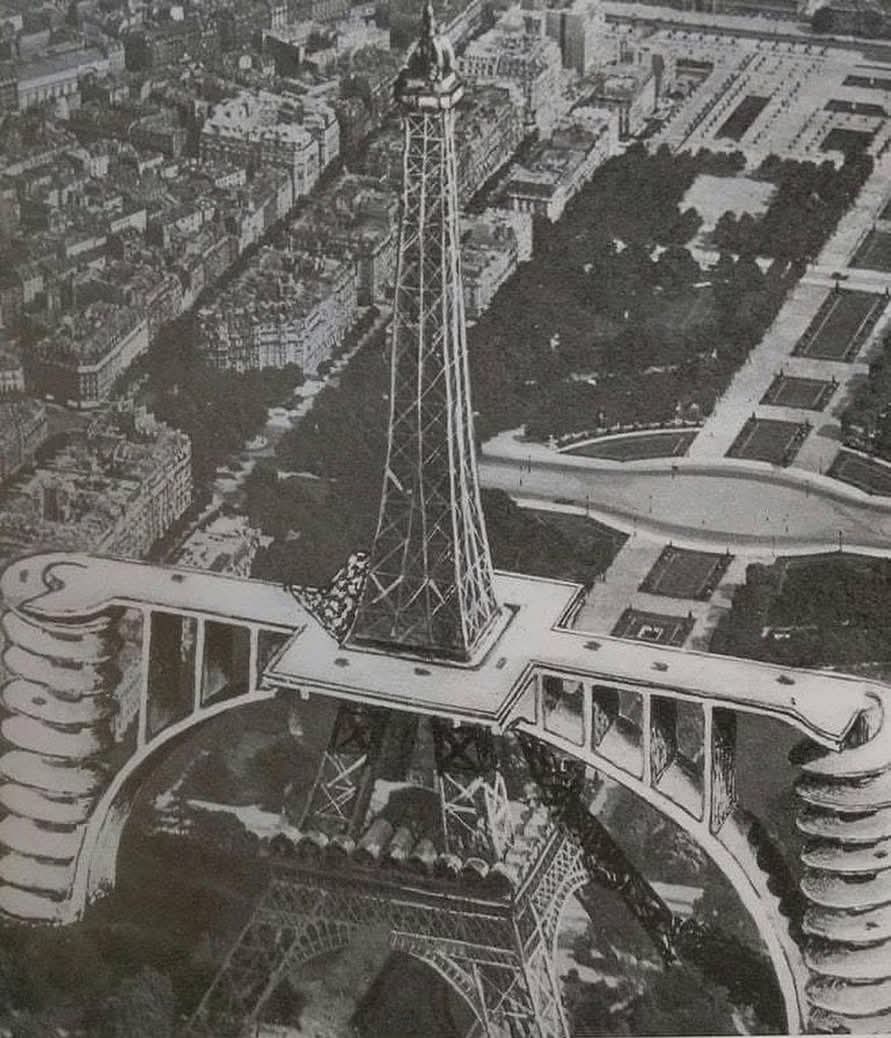 Des rampes hélicoïdales en béton pour accéder en voiture au deuxième étage de la tour Eiffel