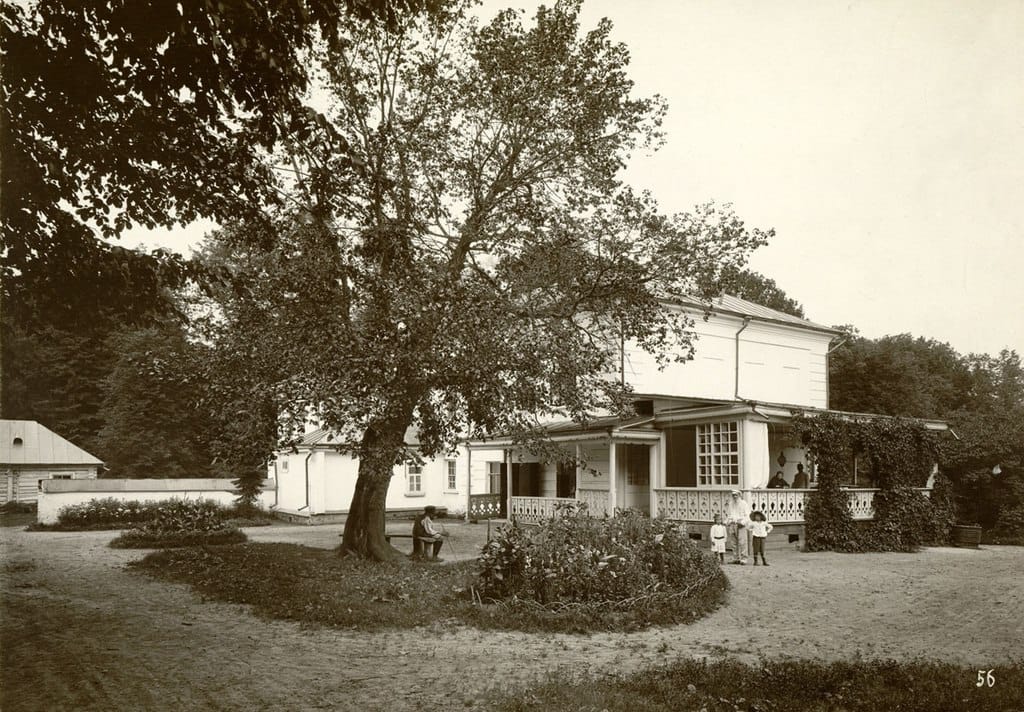 Leo Tolstoy with his grandchildren Vanya and Tanya Tolstoy outside the house at Yasnaya Polyana in 1908