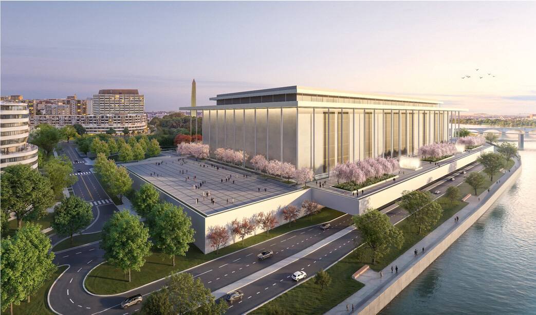 Computer rendering of a white colonnaded building on a riverbank, with blooming cherry trees and people on its terrace, the Washington Monument far behind and roads in front.