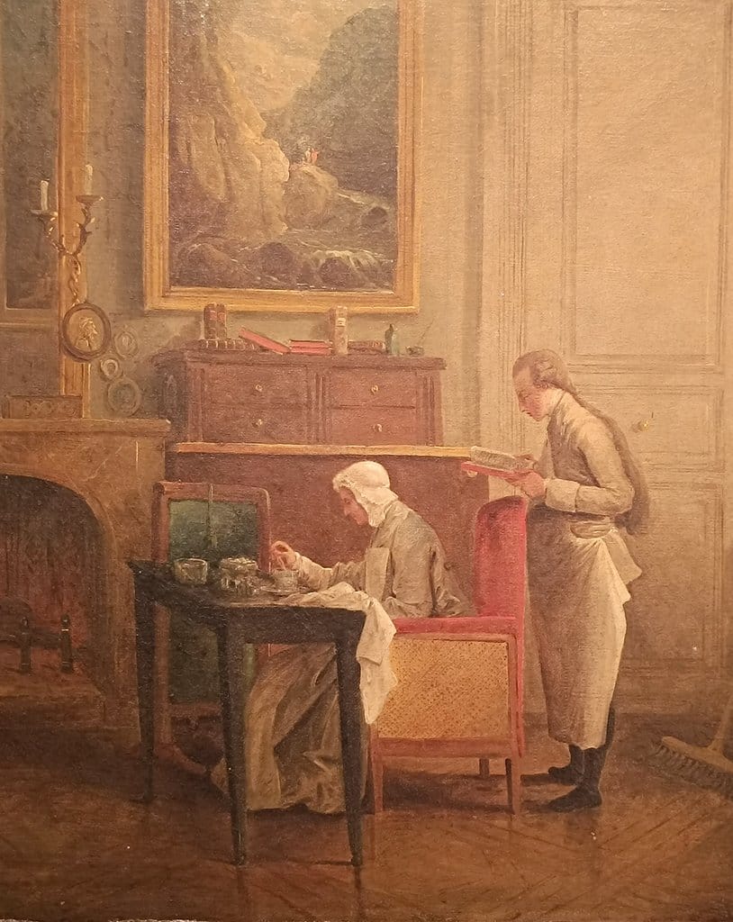 A servant reads aloud to his mistress, Madame Geoffrin, while she dines