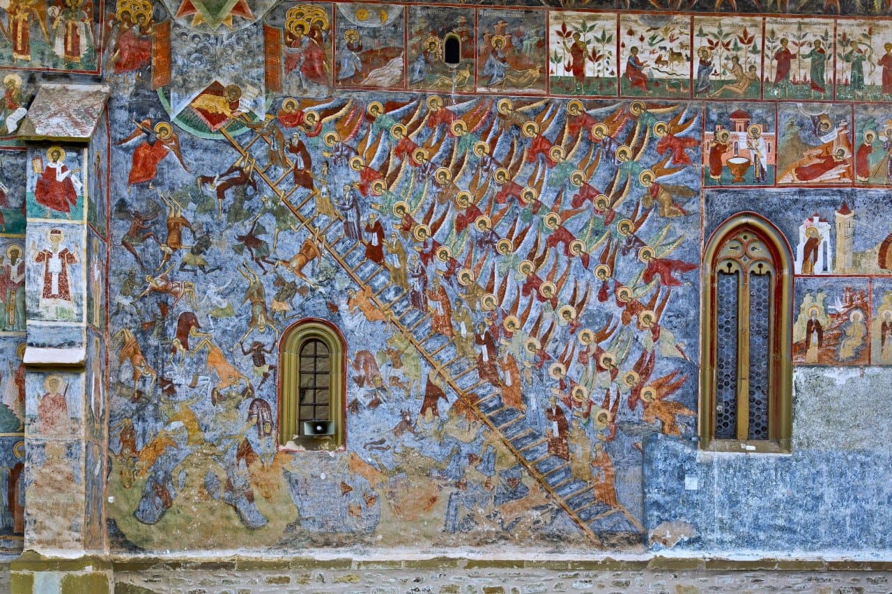 L'Échelle du Paradis sur la façade nord du monastère médiéval de Suceviţa, en Roumanie