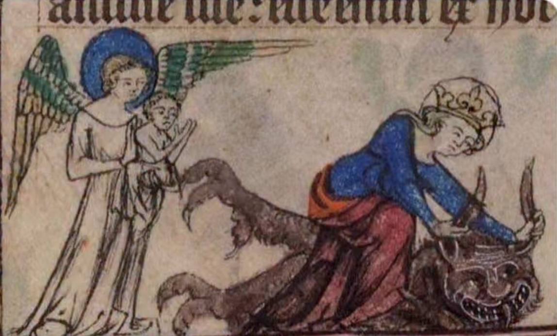 The Virgin Mary crushes the devil while an angel holds the infant Jesus