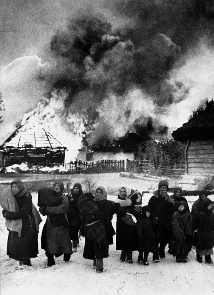 Homeless villagers in a village in the Istra District of Moscow Oblast, liberated from the Germans, December 1941