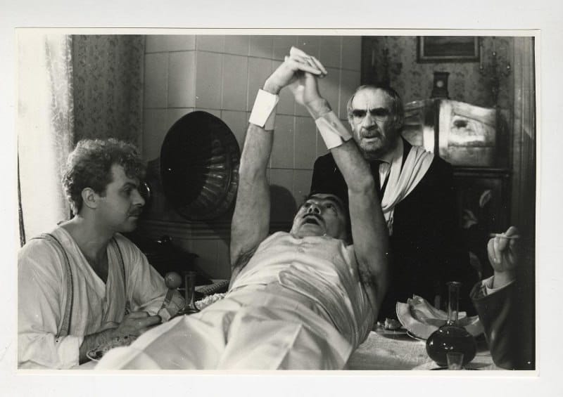 Andrey Urgant, Roman Kartsev and Zinovy Gerdt on the set of "The Drayman and the King" in Odessa in 1989