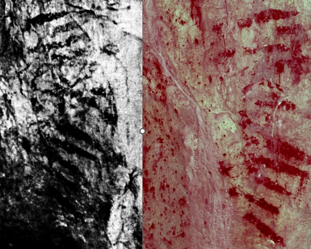 In Bacon Hole Cave in South Wales, red horizontal bands have been recognised as a cave painting more than 17,000 years old