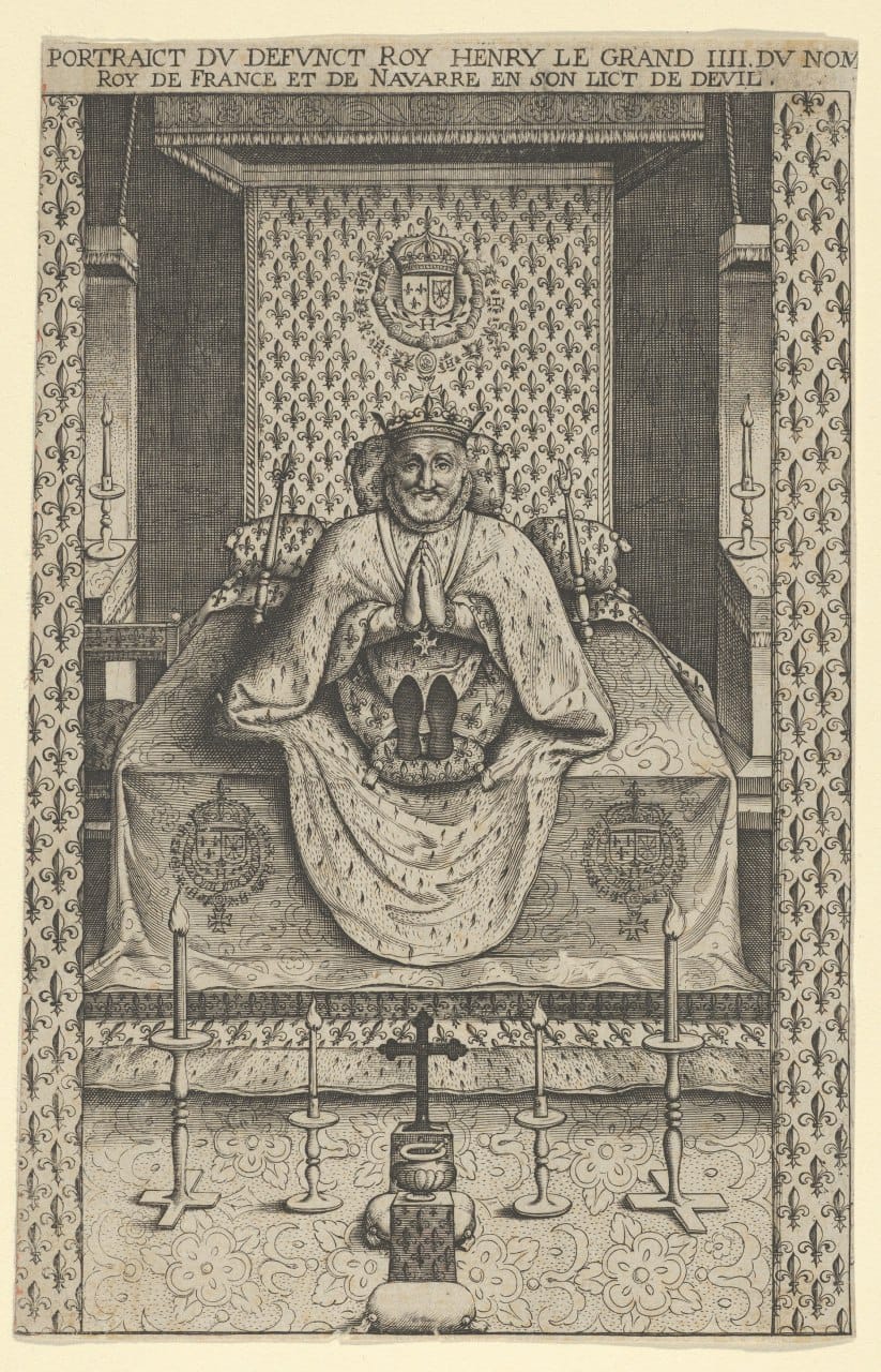 Engraving of a crowned king in an ermine mantle on a canopied bed with fleurs-de-lis, with candlesticks and a cross before it.