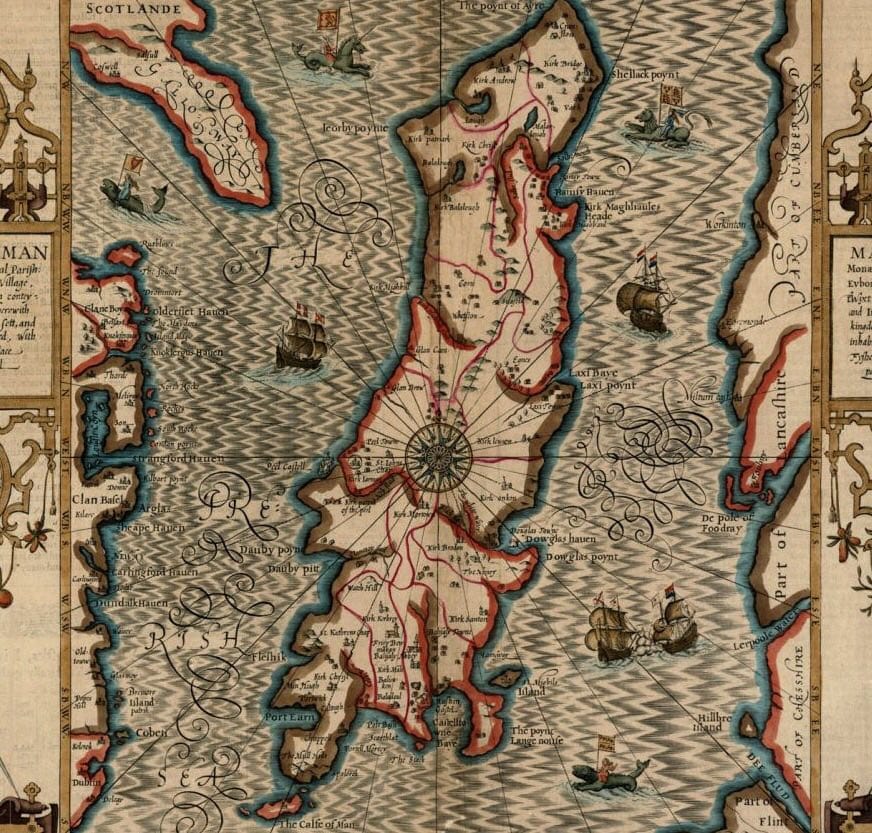 Carte de l'île de Man de 1610, avec d'intéressants personnages en mer : au sud-est, un Normand chevauchant un reptile ; au nord-est, un Anglais sur un lion ; au nord-ouest, un Irlandais sur un poisson ; au nord, un Écossais sur une licorne