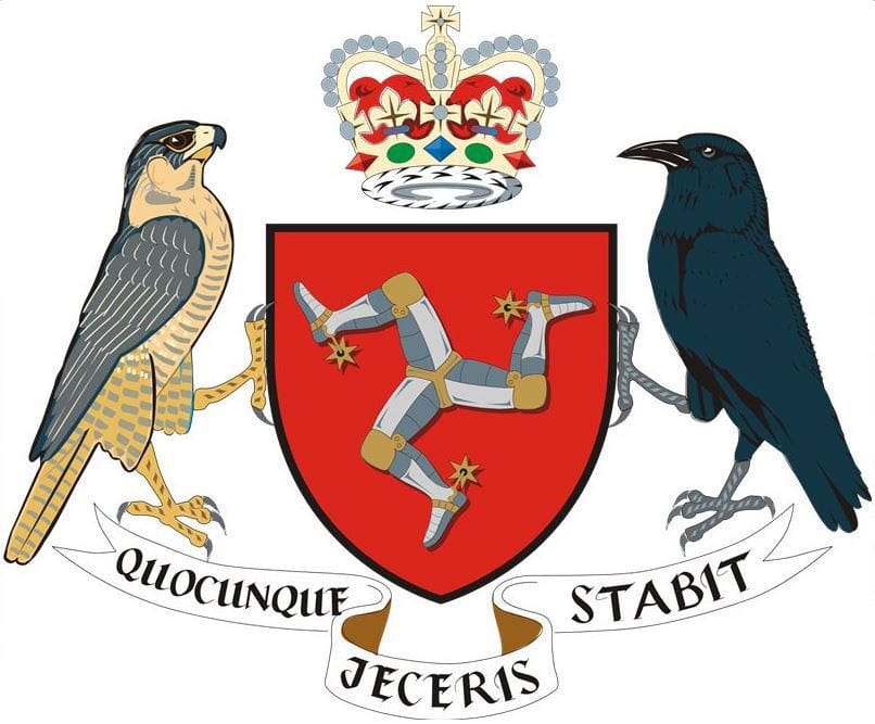 Coat of arms with a red shield bearing three armoured legs, a crown above, a falcon left, a raven right and a motto ribbon below.