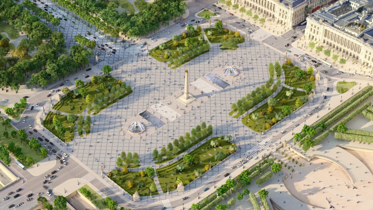 Image de synthèse de la place de la Concorde vue d'en haut : obélisque au centre, deux fontaines, pelouses plantées d'arbres sur le pavage, avenue à gauche, jardin à droite.
