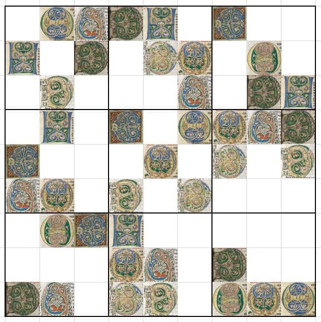 Grille de sudoku de neuf par neuf remplie de lettrines médiévales ornées dans des tons verts, bleus et dorés.
