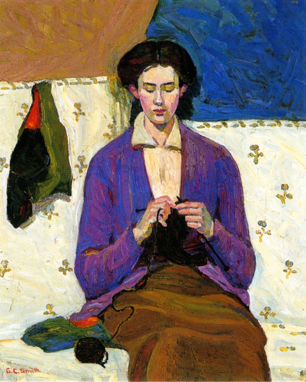 Painting of a woman in a purple cardigan with a white collar, seated on a pale floral sofa and knitting, against blue and ochre backgrounds.