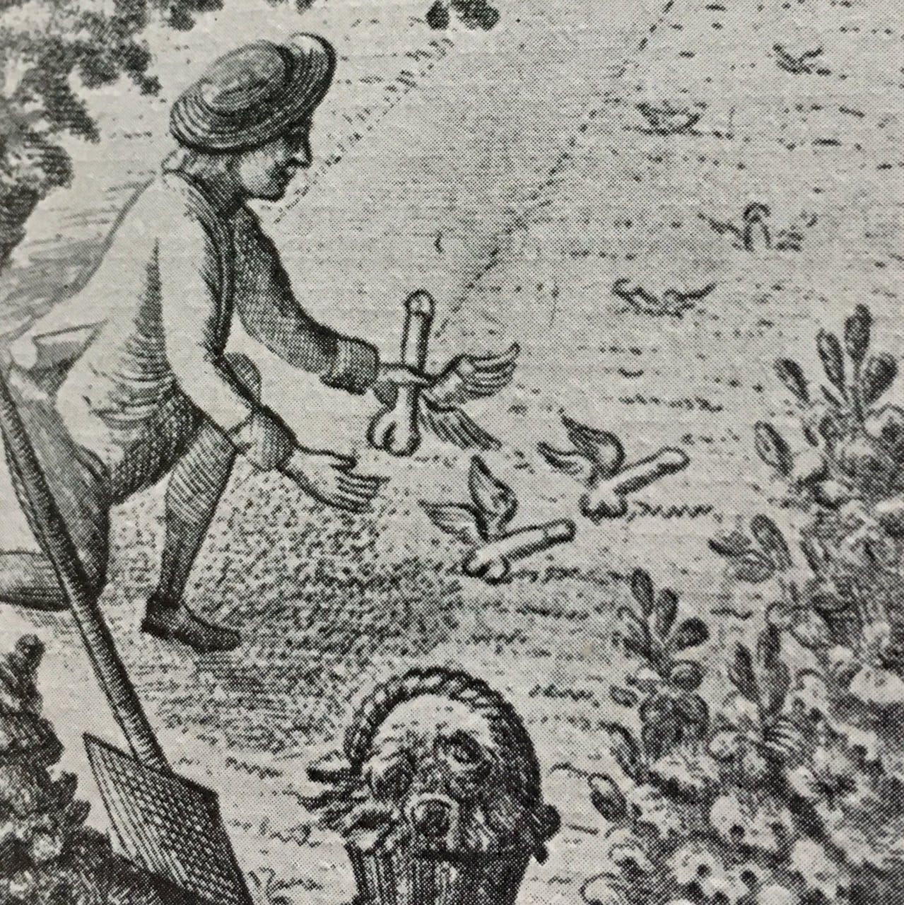 Gravure ancienne: un homme coiffé d'un chapeau tend les mains vers des phallus ailés qui volent au-dessus d'un champ.