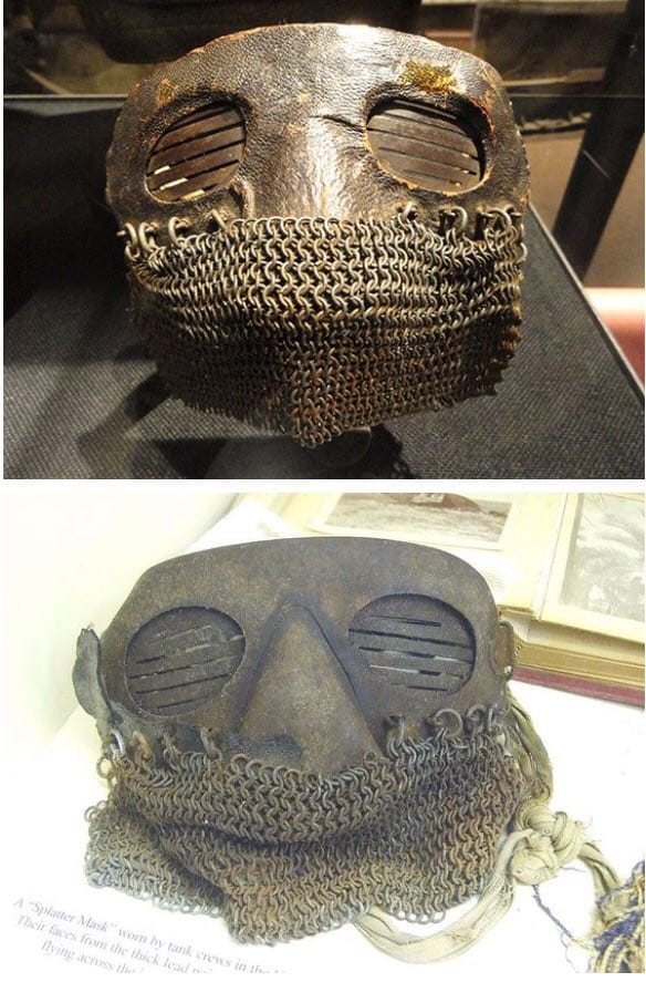 Two photographs of museum masks with narrow eye slits and a chainmail veil covering the lower face.